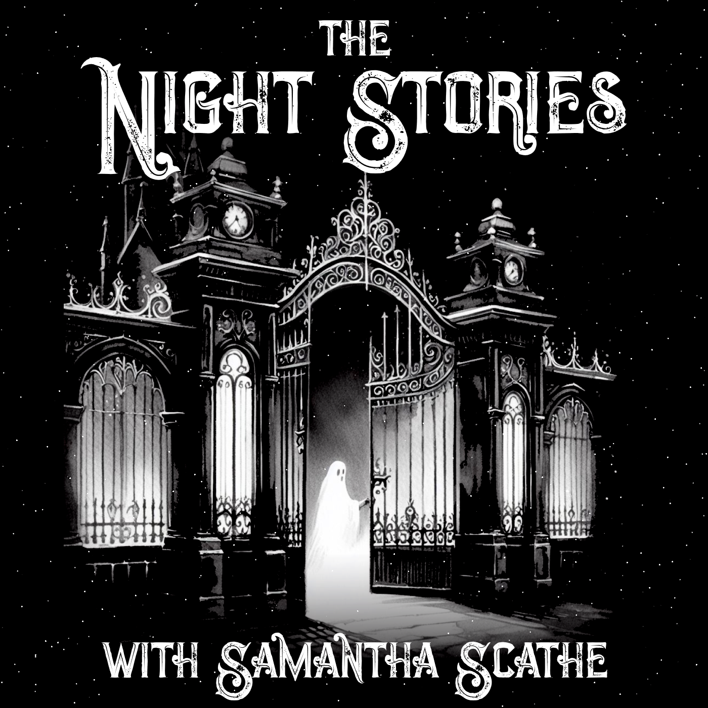 A creepy haunted mansion with a ghost opening the gate for you; The Night Stories with Samantha Scathe
